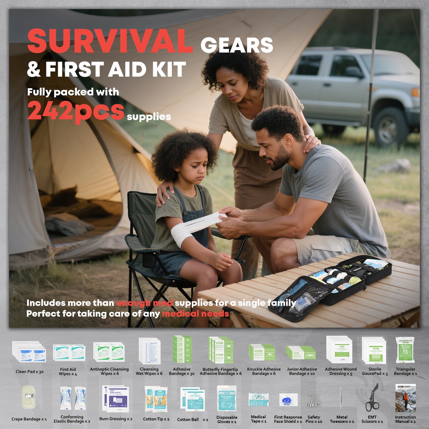 242Pcs First Aid & Survival Kit Molle System IFAK Medical Kit, CT20501-Red