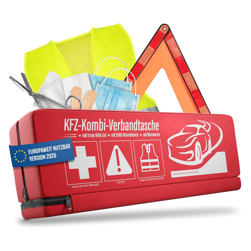 DIN13164 Car Combination Bag (3 in 1) According to Current Standard 2026 - Includes Warning Triangle, Warning Vest - First Aid Kit Warning Triangle Set First Aid Kit Car DIN 13164:2022 (German Road Traffic Regulations Compliant)