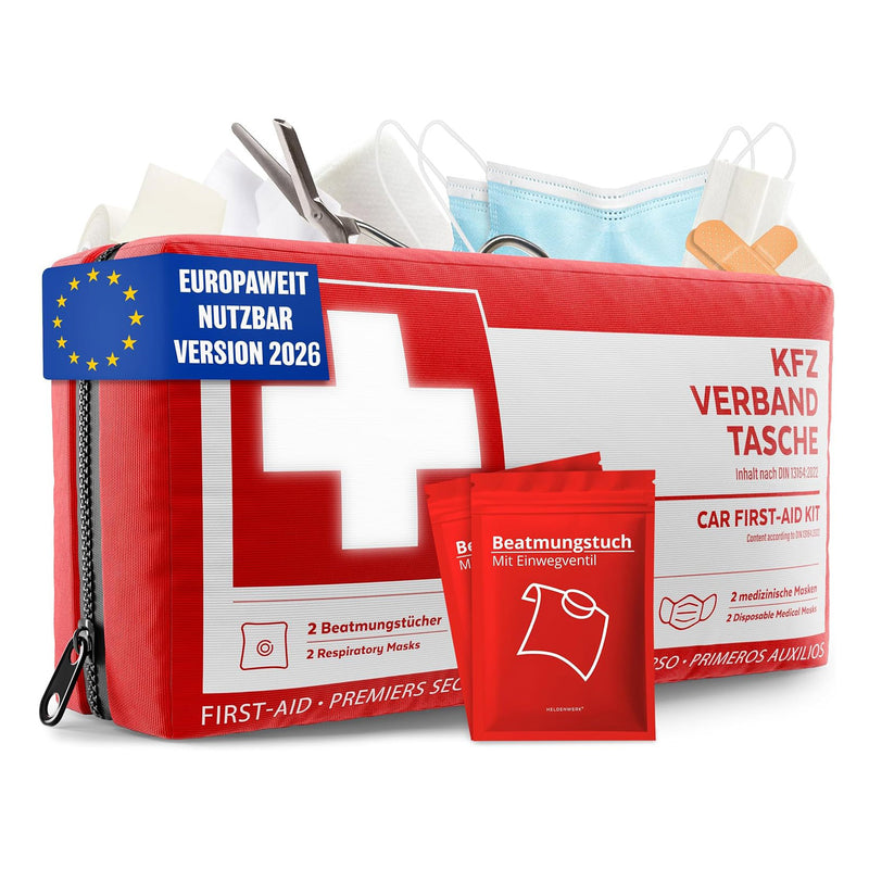 Car First Aid Bag According to Current Standard 2026 Including Ventilation Wipes - Car First Aid Kit Can Be Used Europe - First Aid Kit DIN 13164:2022 (German Road Traffic Regulations Compliant)